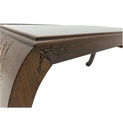 Chinese hardwood coffee table on curved supports, carved with fishing scene (W108cm, H45cm, D45cm), and a small circular occasional table