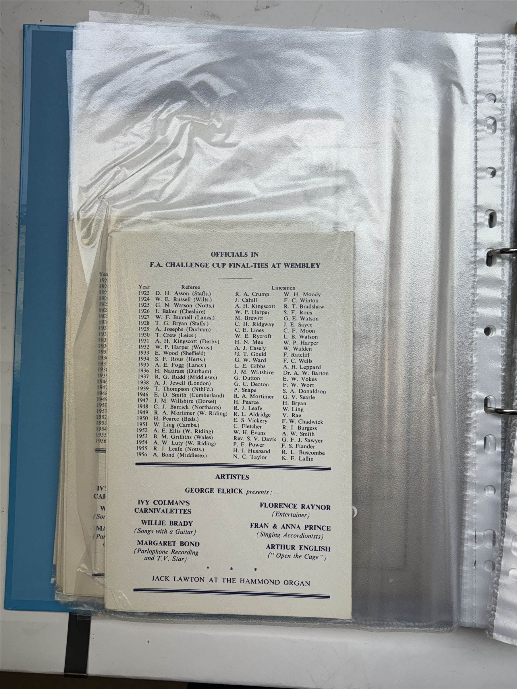 Collection of football memorabilia belonging and relating to the Hull based referee Frank Coultas, including 9ct gold Referee's medal for the 1957 Aston Villa v Manchester United FA Cup Final, inscribed 'The Football Association, F.B Coultas, F.A. Challenge Cup Competition, Final Tie 1957', hallmarked and in original case; the kit worn by him to referee the 1957 FA Cup Final and ephemera relating to the match including photographs, programmes and tickets; together with other football memorabilia collected by Frank Coultas, including programmes, photograph and ticket stubs, with some items relating to the 'Busby Babes'