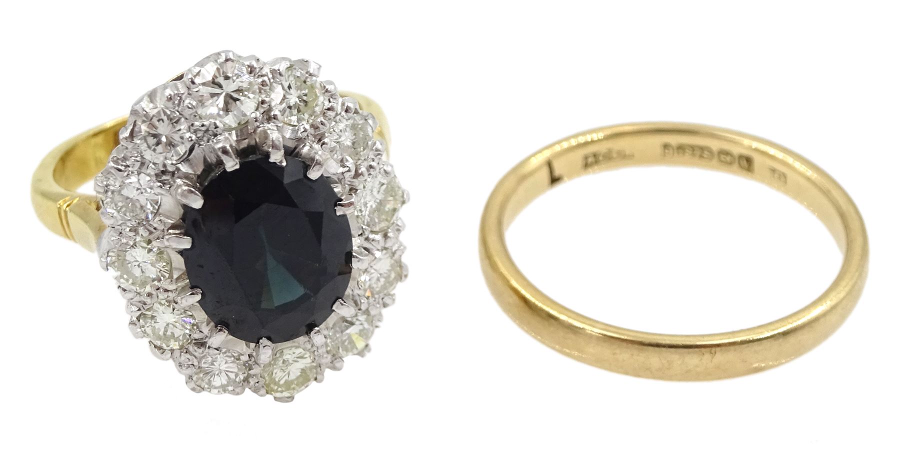 18ct gold and platinum oval sapphire and round brilliant cut diamond cluster ring, stamped, sapphire approx 2.80 carat, total diamond weight approx 1.00 carat and a 9ct gold band, hallmarked
