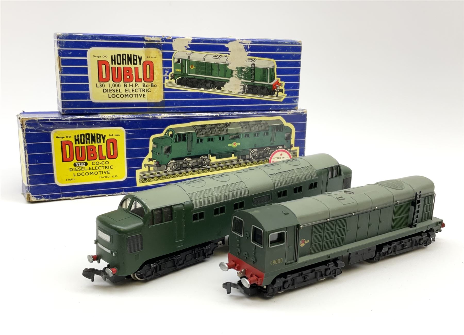 Hornby Dublo - three-rail Deltic Type Diesel Co-Co locomotive; and Class 20 1000 B.H.P. Bo-Bo Diesel Electric locomotive No.D8000; both in blue striped boxes (2)