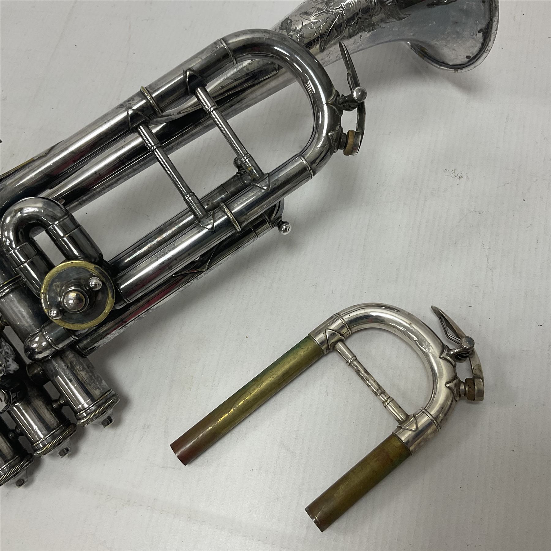 Victorian Class A silver plated trumpet retailed by Kitchen & Co,29 Queen Victoria Street Leeds, 1897 with mouthpiece/slide and in its original felt lined box
