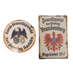 Two Prussian enamel fire insurance plaques, the first of rectangular form detailed 'Feuers...