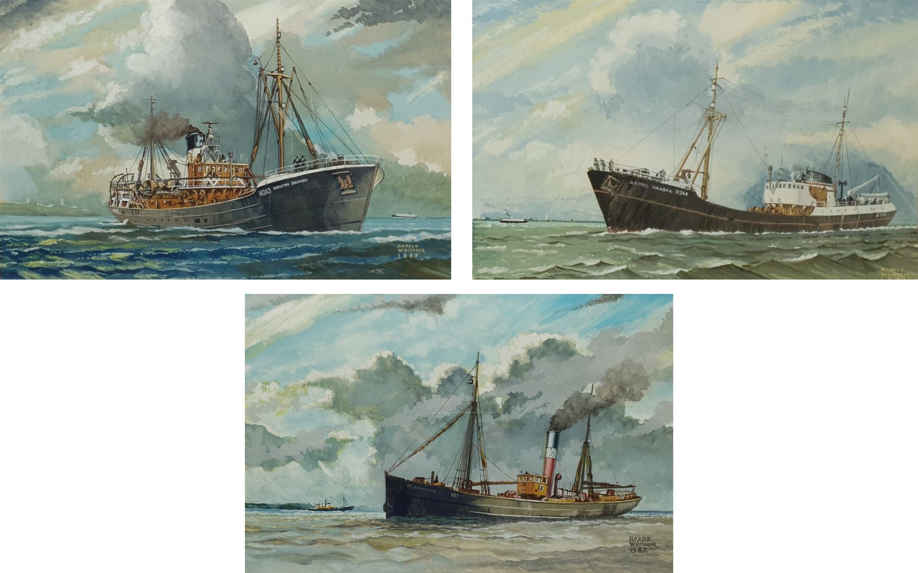 Harold Whitaker (British ?-1988): 'Kingston Diamond' 'St Gamecock' and 'Arctic Vandal', set three gouache ship's portraits signed and dated 1987, titled verso 32cm x 48cm (3)