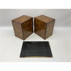 Japanese miniature kneehole desk decorated with parquetry inlay, the loose leaf top resting on one pedestal cabinet with four drawers, and another with hinged cupboard door opening to reveal two interior drawers above a lower drawer, H26cm, W68.5cm D24cm