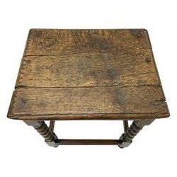 18th century oak joint coffin stool, moulded rectangular top over moulded frieze rails, raised on bobbin turned supports joined by moulded stretchers