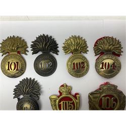 Ten cap badges of Indian interest comprising Bengal Fusiliers No.104, Bengal Infantry No.107, Royal Bengal Fusiliers No.101, Bombay Infantry No.109, Bombay L.I. No.106, two Royal Madras Fusiliers No.102, Madras Infantry No.108 and Madras L.I. No.105 (10)