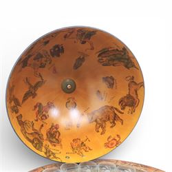 Late 20th century drinks globe, with lift off top with rotating inside with apertures for bottles, raised on brass castors