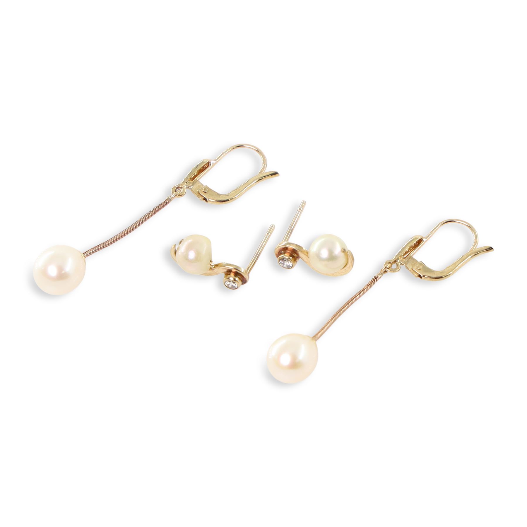 Pair of gold pearl and diamond stud earrings, and one other pair, both 9ct