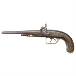 Mid-19th century french double-barrelled percussion pistol the side by side 10 mm cal. barrels, with rib marked 