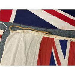 Six flags - White Ensign 180 x 86cm; two Union flags 180 x 86cm and 132 x 62cm; Falklands Islands 153 x 89cm; Yorkshire Rose 153 x 89cm; and QEII 1953 Coronation 84 x 57cm (6)