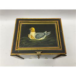 Small wooden collectors chest, painted to each side with birds upon a black ground within red and yellow borders, opening to reveal a compartmentalised interior containing one long drawer above two smaller drawers, H13cm, W18cm, D14.5cm