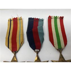 Group of five WWII medals comprising 1939-45 War Medal, Defence Medal and Italy, Africa and 1939-45 Stars; all with ribbons (5)