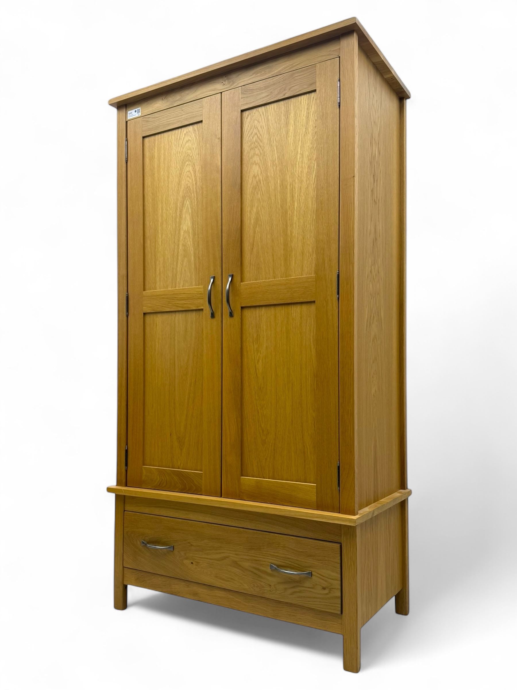 Light oak double wardrobe, hanging rail with single drawer on square legs 