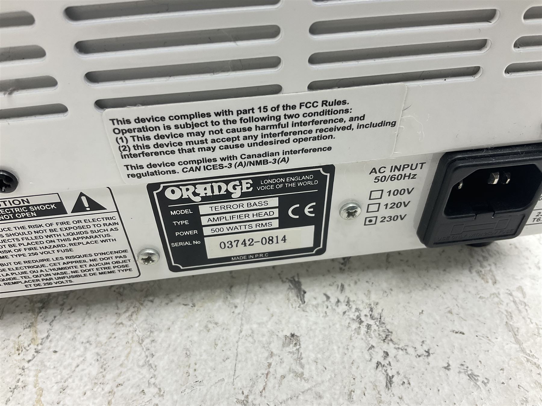 Orange 'Terror Bass' 500 watts Class D Hybrid Bass Amplifier; serial no.03742-0814; L30cm; and Orange 'Voice of the World' SP212 bass cabinet with 2 x 12