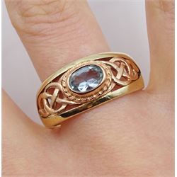 Clogau 9ct yellow and rose gold Celtic design single stone oval aquamarine ring, hallmarked, in original box 