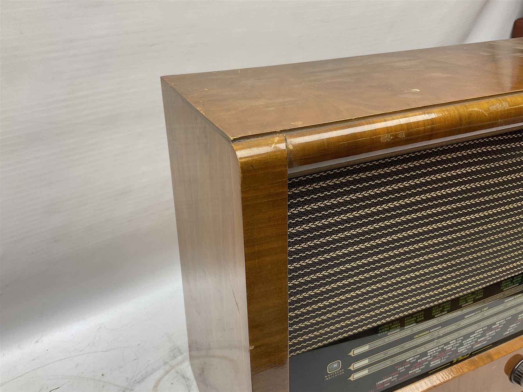 1955 Pye Fenman II valve radio in walnut veneered case, W58cm, together with a 1950s McMichael Type 854 valve radio with Bakelite knobs, W47cm H39cm D24cm, and 1957 Ekco Type A320 radio in dark walnut veneered case (3)