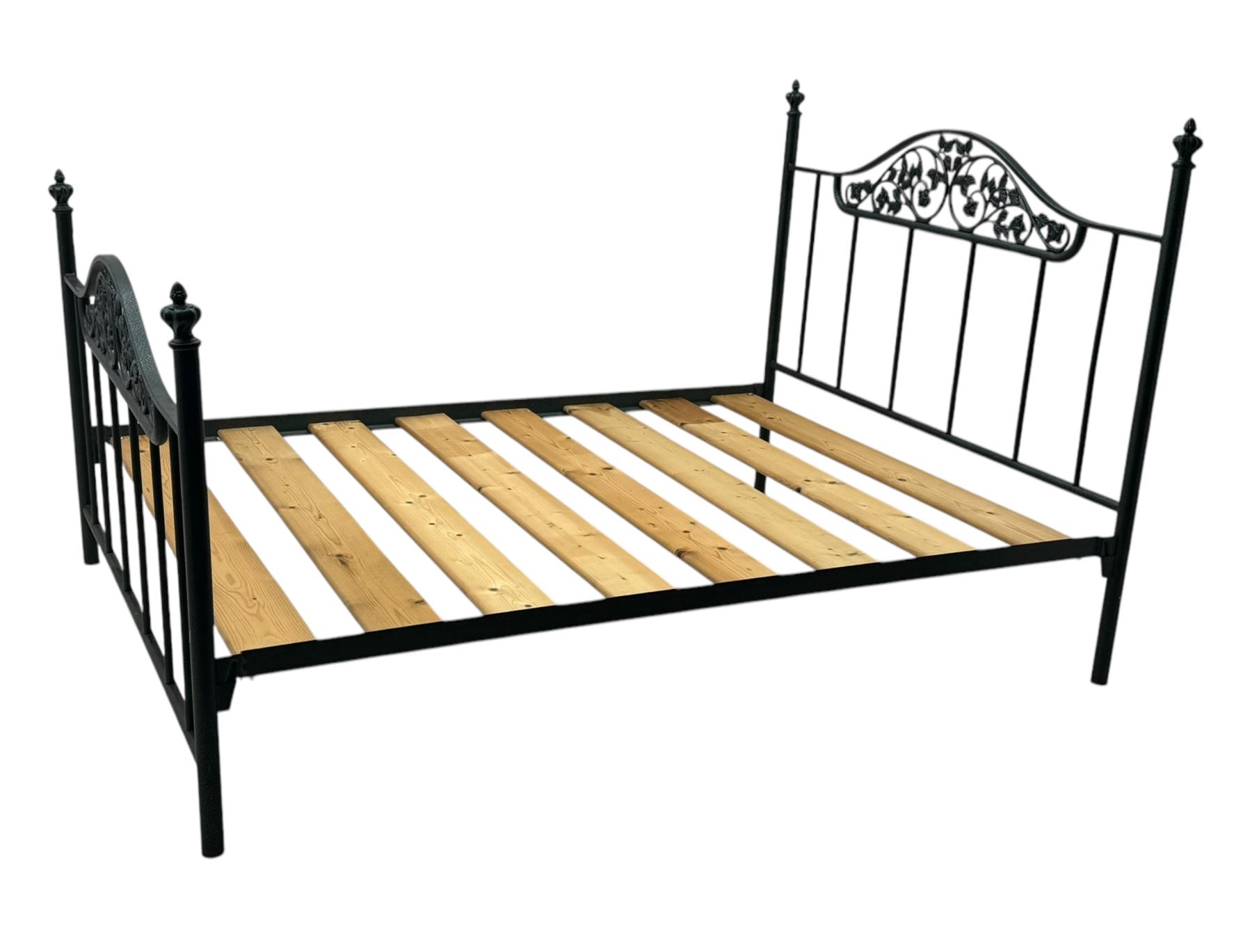 Contemporary metal double bed frame, shaped head and footboards with foliate cast panels and vertical rod supports, the corner posts with urn-shaped finials, finished in a mottled verdigris-style green, with pine slatted base