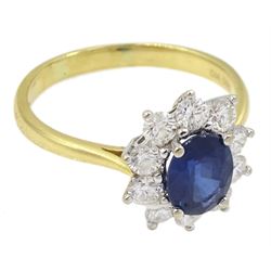 18ct gold oval sapphire and round brilliant cut diamond cluster ring, hallmarked, sapphire approx 1.40 carat, total diamond weight 0.98 carat
