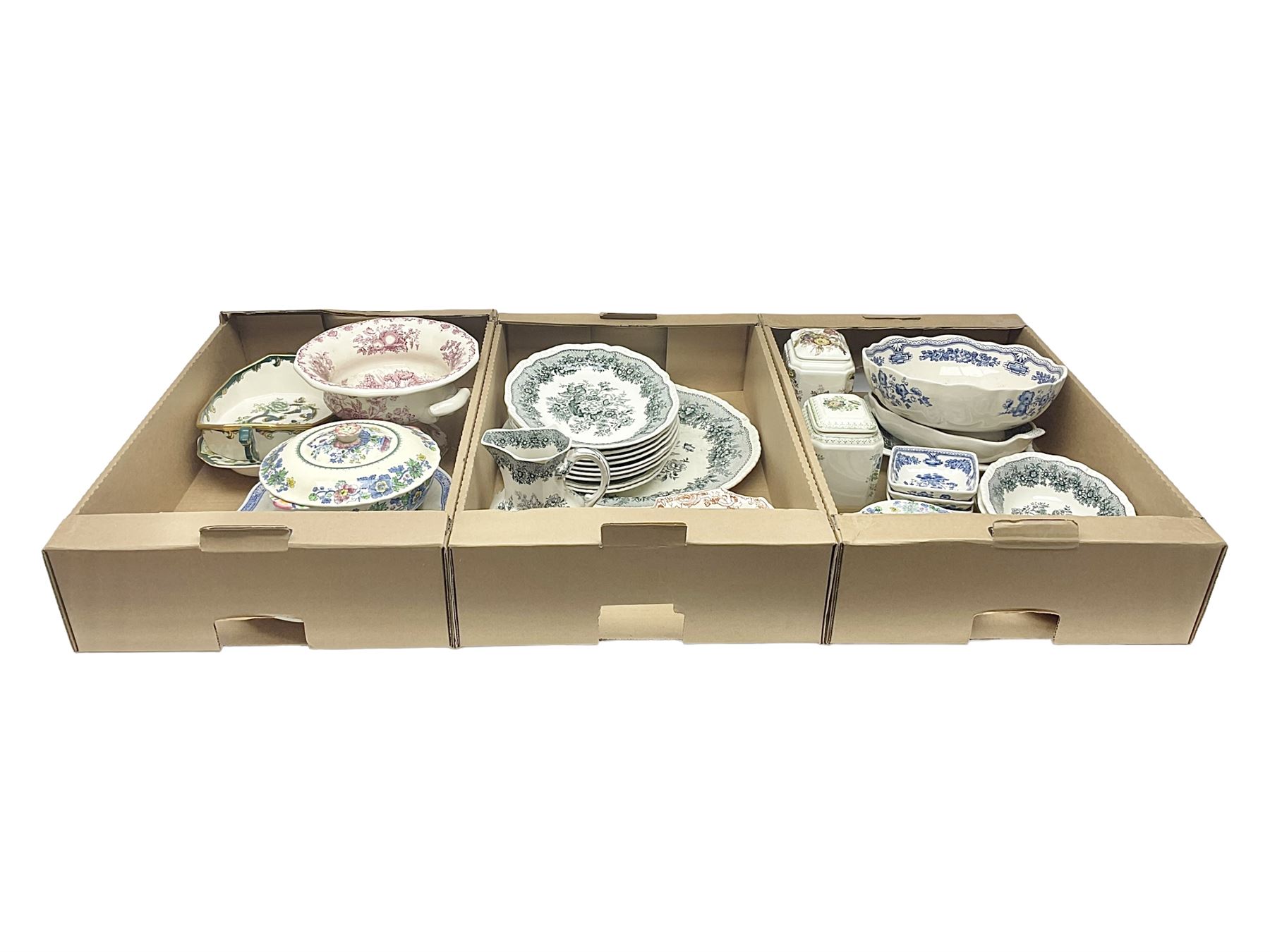 Masons Ironstone ceramics, including Ascot pattern jug, charger and oval plates, two tea jars, Manchu pattern fruit bowl, Fruit Basket pattern fruit bowl, etc, in three boxes