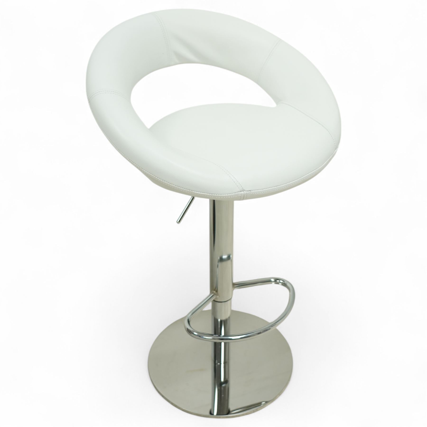 Sorento - Contemporary white leather bar stools, each with a circular padded seat and curved open backrest, on a height adjustable chrome pedestal support with footrest and circular base