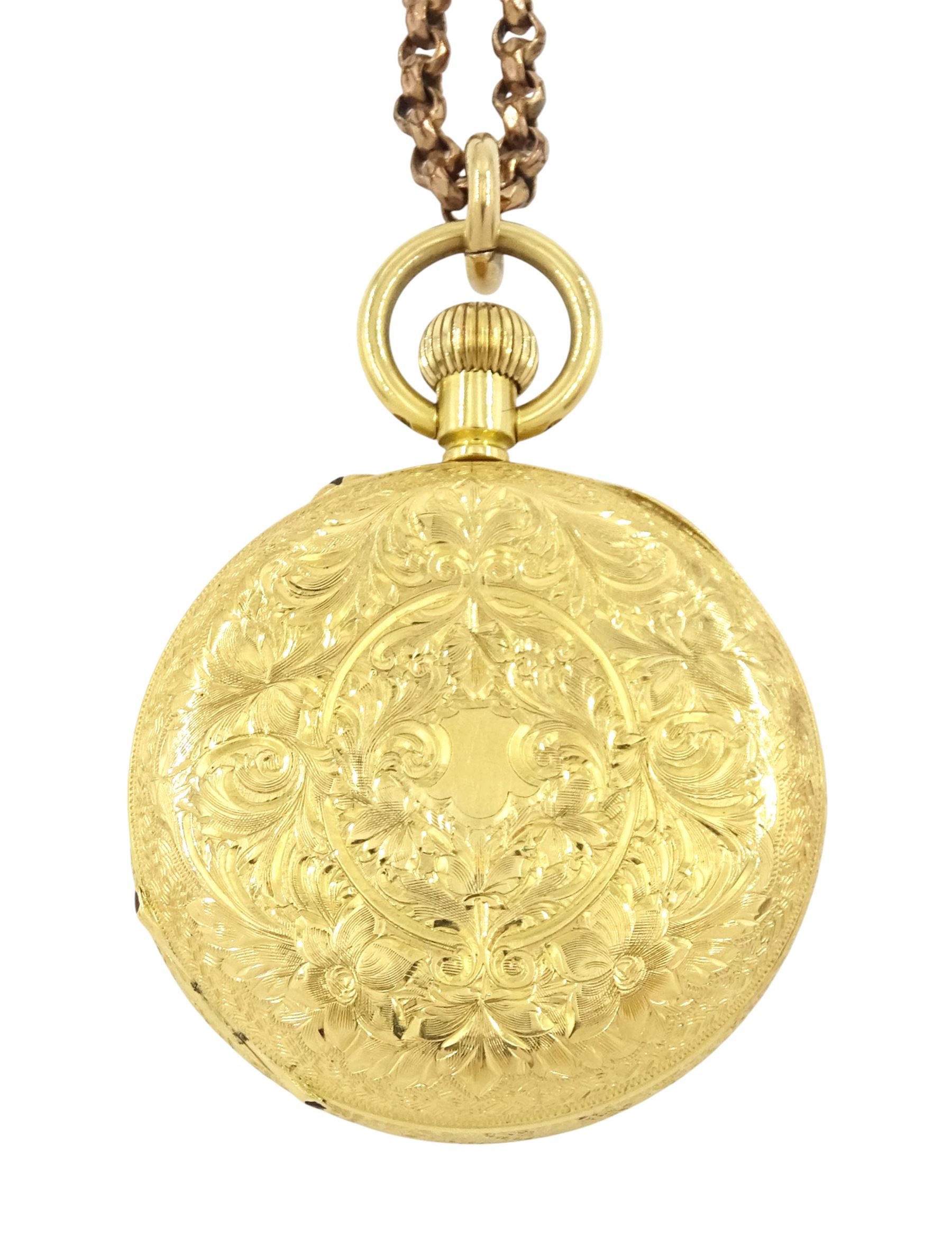 Early 20th century 18ct gold open face keyless lever pocket watch, gilt dial with Roman numeral hour markers, engraved foliate case, London import mark 1907, on rose gold-plated belcher link chain