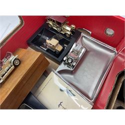 20th century brass perpetual desk calendar of triangular form, together with Mauchlin ware box (a/f), olive wood box, box with beaded decoration, other treen etc, Lesney Model of Yesteryear ashtray limited edition 1911 Renault and another similar, Royal Signals Corps buttons, motor ephemera, other misc 