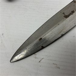 British Pattern 1888 knife bayonet, the 30.5cm double edged blade with raised central medial ridge; in leather covered scabbard L40.5cm overall