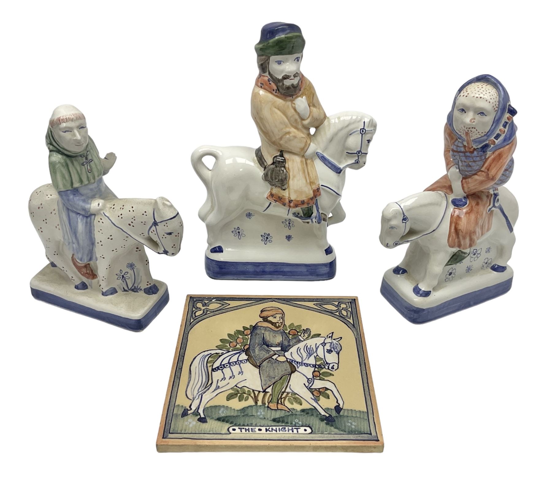 Three Rye Pottery Canterbury Tales figures, comprising The Miller, The Monk and The Franklin, together with a Canterbury Tale tile The Knight, tallest H24cm