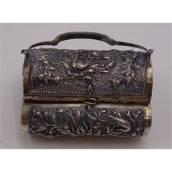 Continental silver bowl, of circular lobed form, repousse decorated with tribal and hunting scenes, upon three claw feet, unmarked but testing as 800 silver, H5cm, together with Chinese silver purse, of domed rectangular form, with ornate repousse decoration, depicting flowers, instruments, birds etc, with lobed wire wrapped handle, with Chinese character marks beneath, testing 650 silver,  including handle H11cm, and two base metal miniature animals