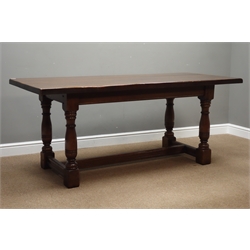  Medium oak refectory dining table, turned supports with stretcher base, 183cm x 80cm, H76cm   