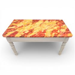 19th century style pine console table, with rectangular simulated marble top over a painted frieze, raised on fluted and turned tapering legs