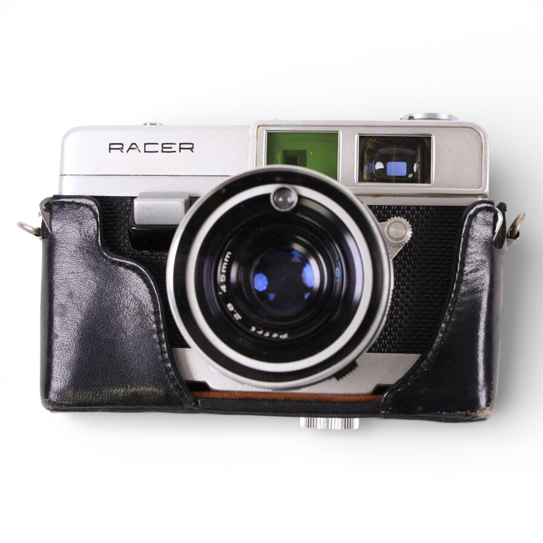 Asahi Pentax Spotmatic 35mm SLR camera, with Super-Takumar 1:1.8/55 lens, Petri Racer rangefinder camera and a Zenit-E camera, all in leather cases