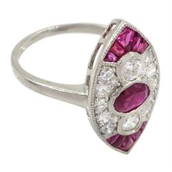 Platinum ruby and diamond marquise shaped ring, the central oval ruby, with round brilliant cut diamond surround and further calibre cut rubies set to each end