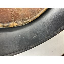 WW2 German steel helmet painted in undecaled Luftwaffe bluey grey with leather liner and chin strap stamped '58', the skirt impressed '1250'