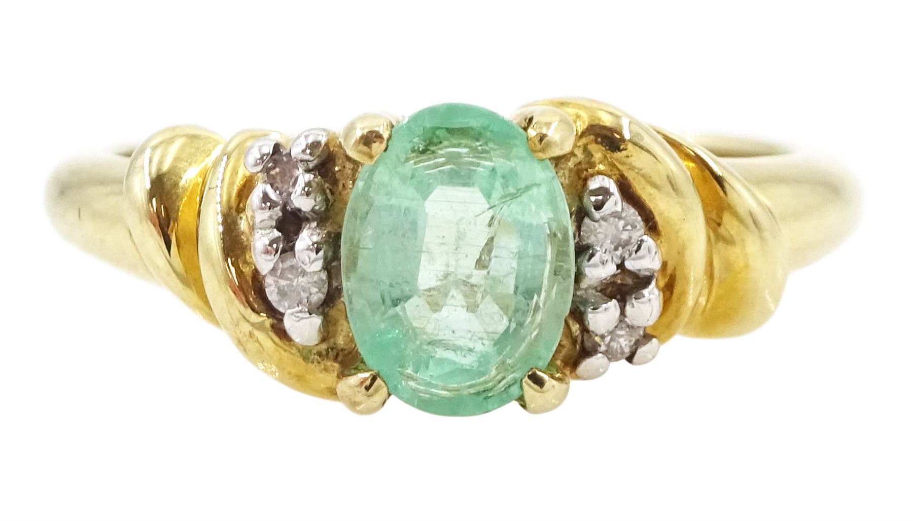 9ct gold five stone oval cut emerald and diamond ring, hallmarked, emerald approx 0.60 carat