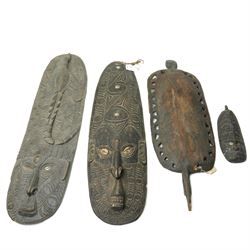 Papua New Guinea Middle Sepik carved sago plate with crocodile head handle L81cm, two Sepi...
