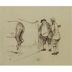 Cecil Aldin (British 1870-1935): 'We're Expectin' an Old Gent from Handley Cross' - Gentleman and Gamekeeper Talking beside a Horse, pen and ink signed with monogram, titled on the mount 19cm x 23cm 
Provenance: purchased by the vendor from Cumbria Auction Rooms 14th May 1990, lot 430, where part of a collection of fifteen then-unmounted Aldin book illustrations
