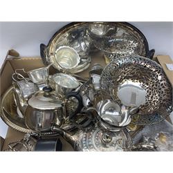 Quantity of silver plate to include cased silver plated fish knife and fork with hallmarked silver ferrules, teapots, etc