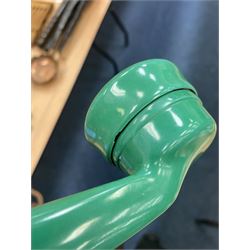 Jade green Bakelite telephone, of pyramid form with alphabet dial, brown braided handset cord and a base draw