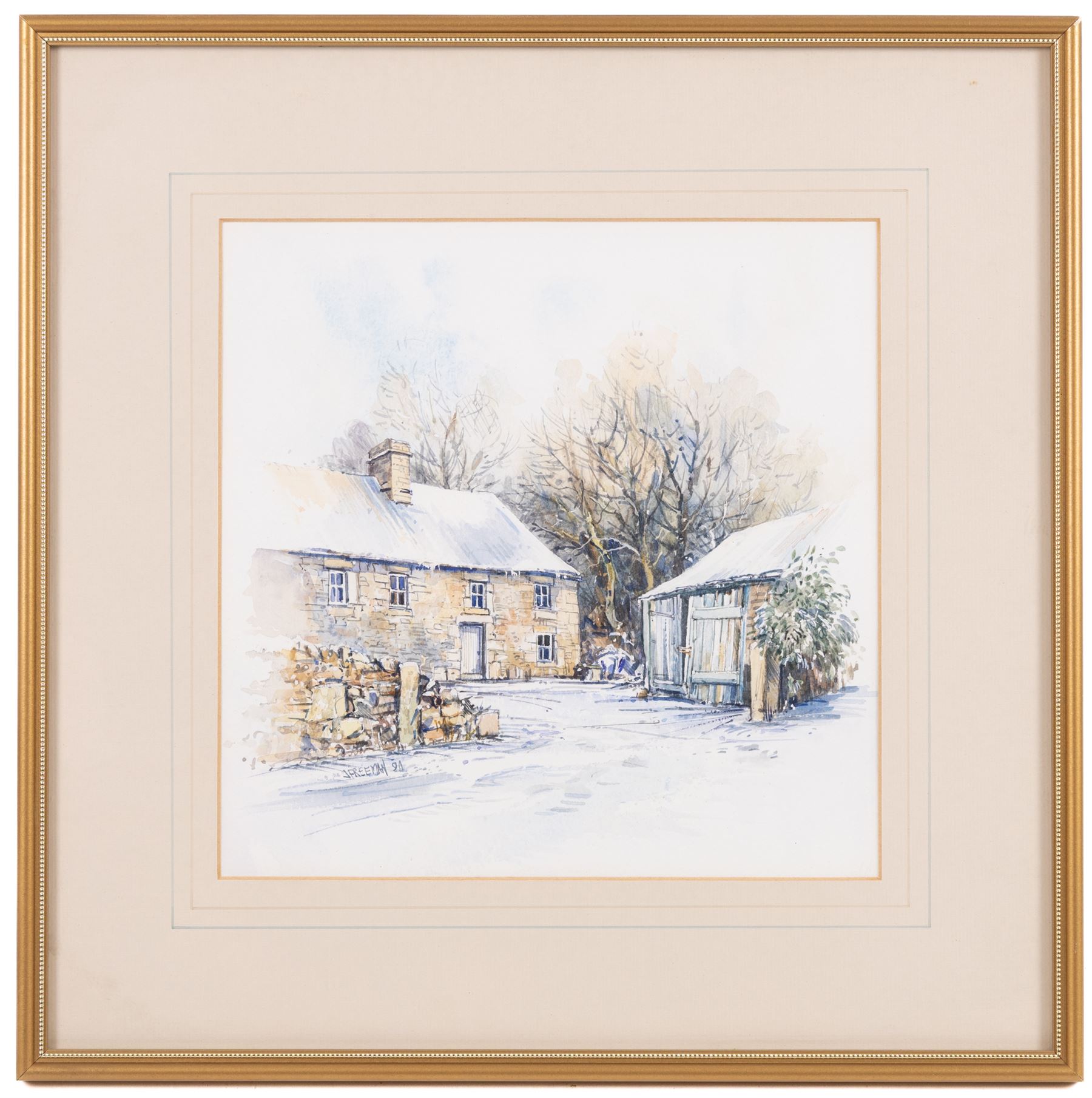 John Freeman (British 1942-): 'Morel Farm' and Farm in Winter, pair watercolours signed and dated '90, one titled, 23cm x 23cm (2)