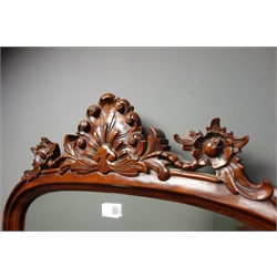  Mahogany framed bevel edged wall mirror, carved foliate pediment and brackets, W79cm, H109cm  
