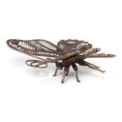 Two filigree insects, modelled as a butterfly and hornet, with decorative stones applied to the wings, butterfly L9cm