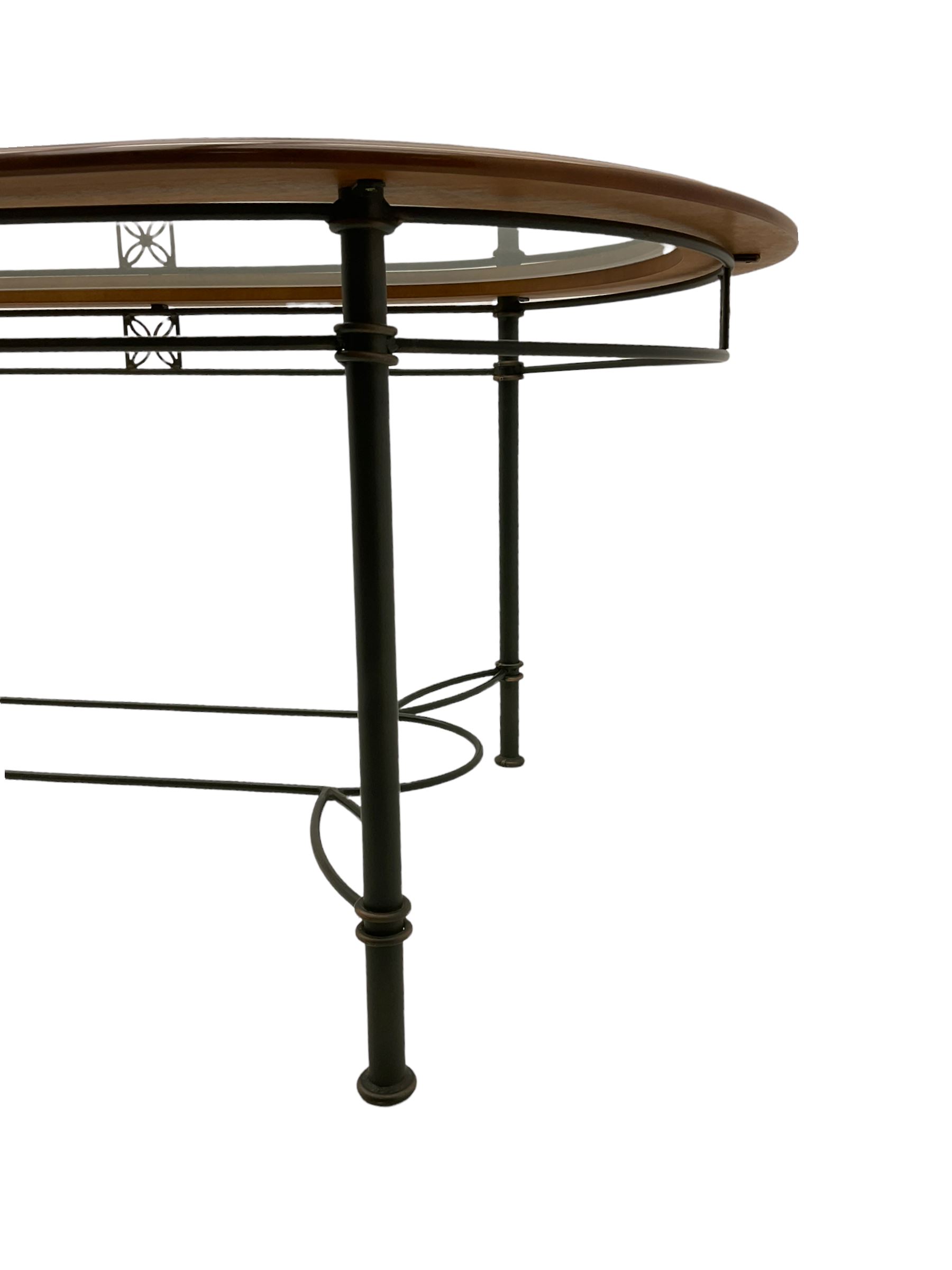 Ernest Menard - cherry wood and wrought metal dining table with glass top, and set six matching dining chairs