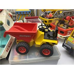 Collection of 1980s/90s Playmobil - vehicles including Fire-Engine No.21, Mobil Crane No.28, Quick Service Truck No.1 with trailer, Dumper Truck, GSL Sports car, GS Turbo car and three motorcycles; together with boxed Knights Tournament Set, Playmospace Space Station and Shuttle, wigwam and various accessories and figures etc