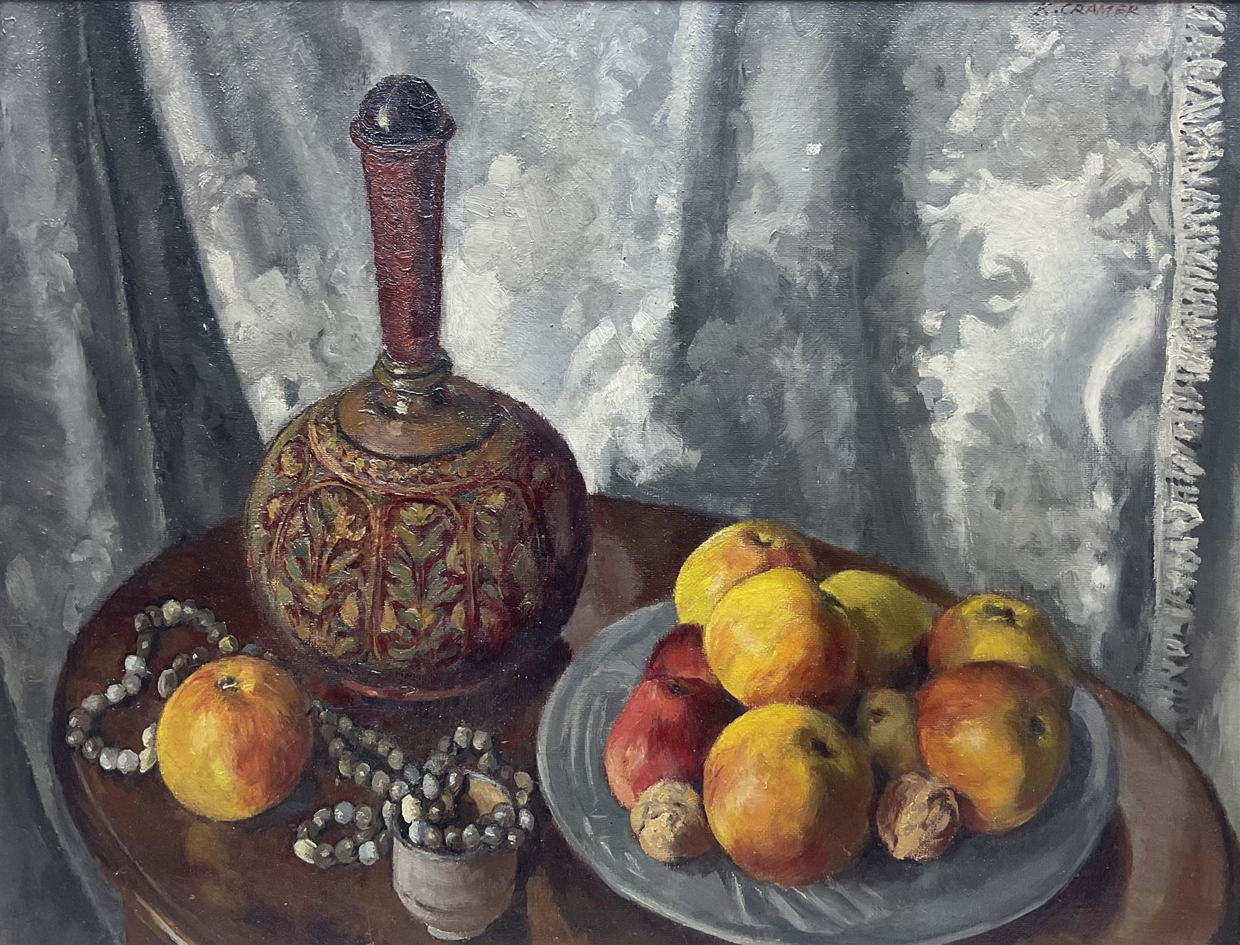 Attrib. Konrad Cramer (American 1888-1963): Still Life of Apples and Walnuts, oil on board signed 33cm x 43cm 