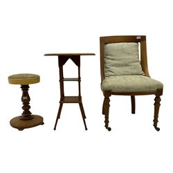 Late 19th century walnut occasional table, spoon back chair and a piano stool