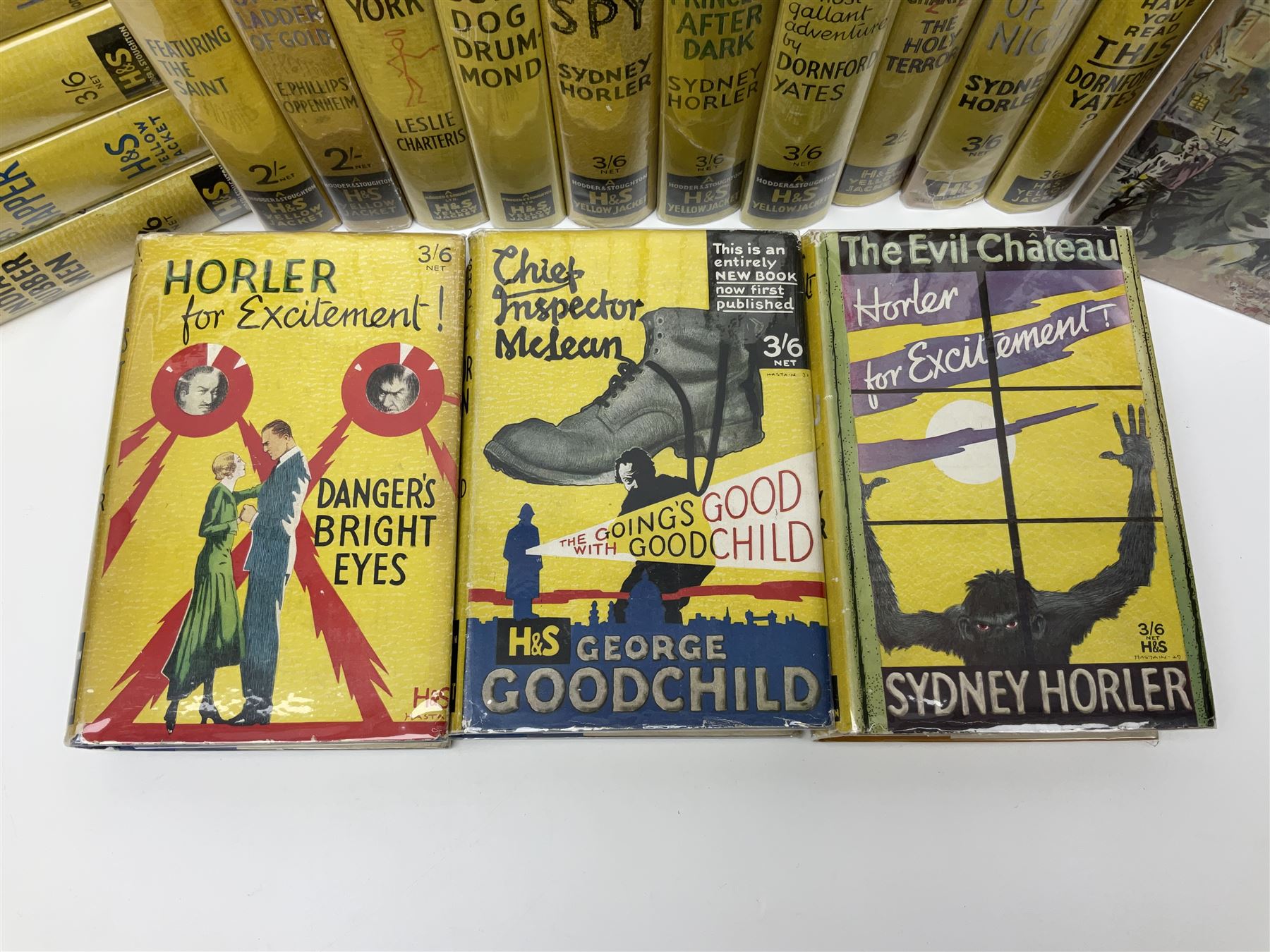 Collection of Hodder and Stoughton yellow jacket version books, to include Sydney Horler, George Goodchild, Dornford Yates, Leslie Charteris etc 