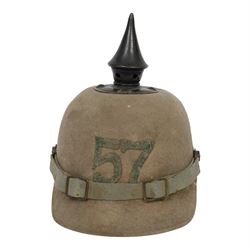 WWI Prussian 57th regiment Ersatz felt Pickelhaube, the grey felt skull with steel spike f...