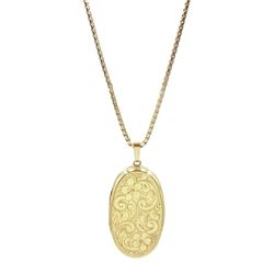 Gold locket pendant, with engraved flower decoration, on gold necklace, both hallmarked 9ct