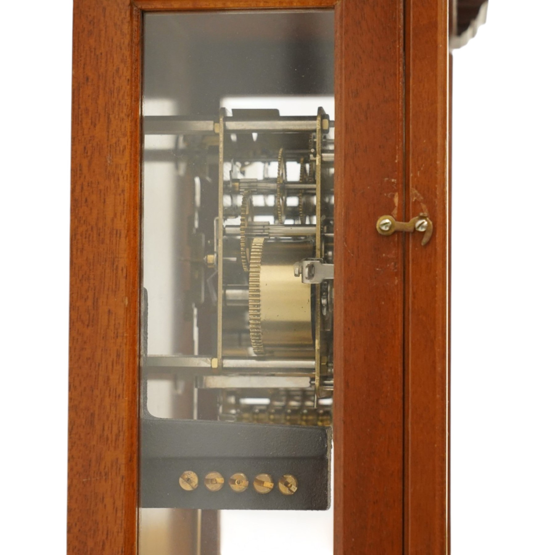 Comitti of London - burr walnut three-train wall clock, the circular dial with Roman numerals, glazed case revealing the movement and brass pendulum